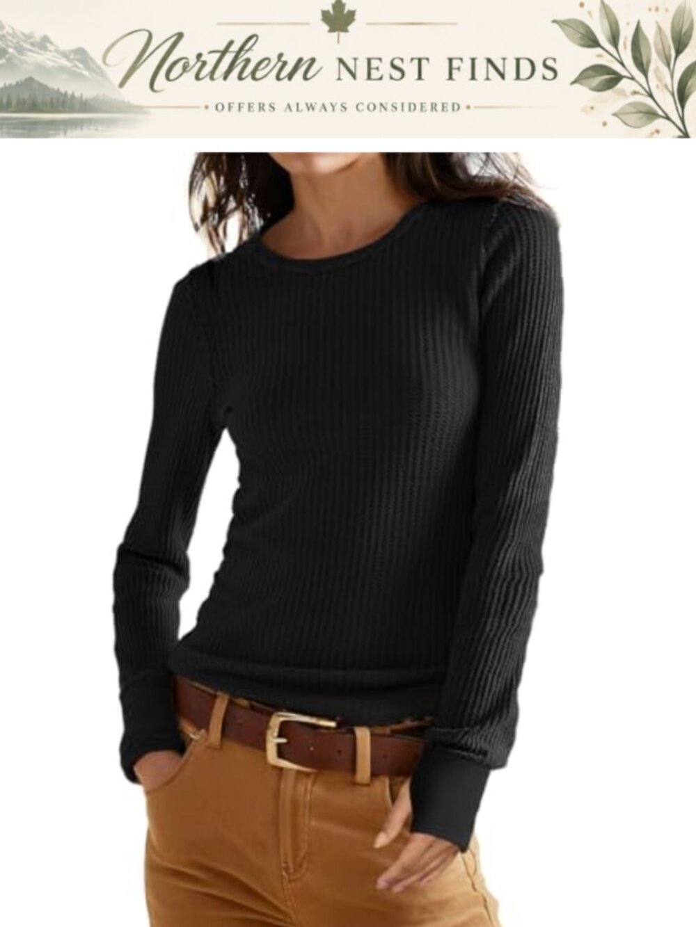 Waffle Knit Long Sleeve Top Crew Neck Thumb Holes Slim Fit